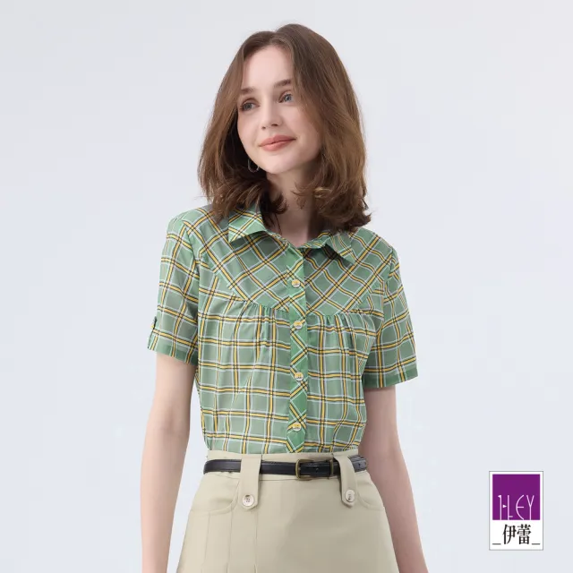 【ILEY 伊蕾】格紋印花休閒短袖襯衫(綠色;M-XL;1242351503)