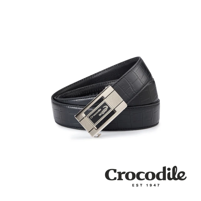 CrocodileCrocodile 鱷魚皮件 自動扣/紳士真皮皮帶 男皮帶推薦-32MM-0101-42025-黑色(義大利植鞣 鱷魚壓紋皮革)