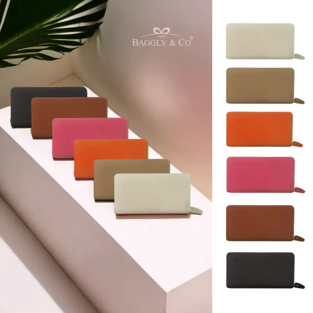【BAGGLY&CO】 曼恩頭層牛皮拉鍊長夾(奶茶/焦糖/黑色/寶藍/橘色/玫紅/米白)