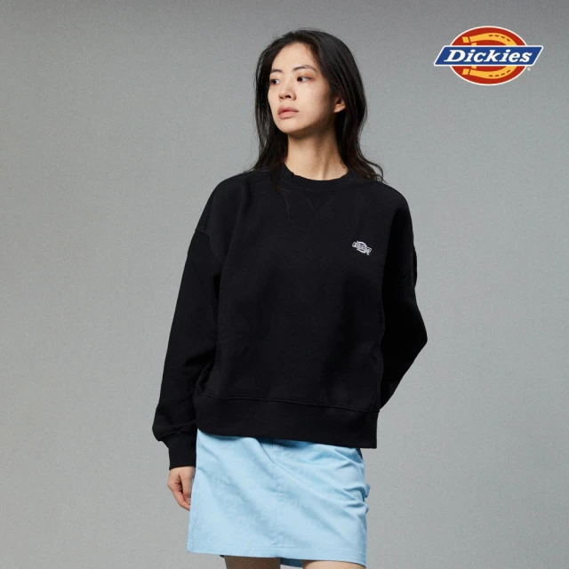 Dickies 女款黑色抓絨胸前簡約刺繡Logo長袖休閒大學T｜DK012347BLK