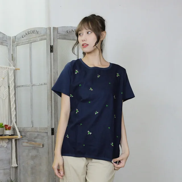 【Hana Mokuba】花木馬日系女裝針梭織拼接清新休閒小花刺繡T恤(T恤)