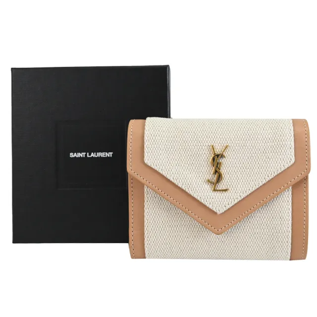 【YSL】經典金屬LOGO帆布皮革拼接三折扣式零錢短夾(米/咖)