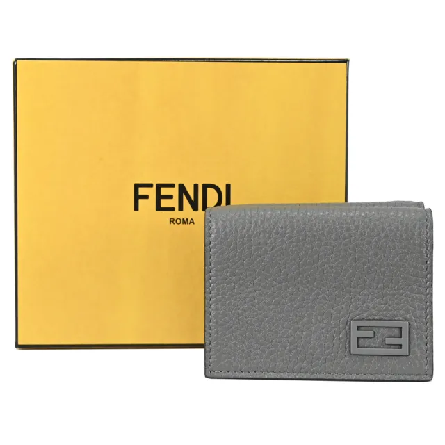 【FENDI 芬迪】簡約經典金屬雙F LOGO小牛皮三折零錢短夾(灰)