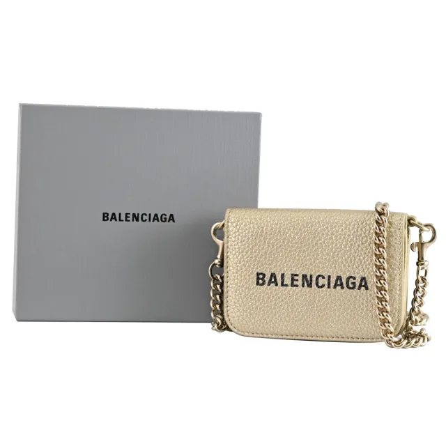 【Balenciaga 巴黎世家】簡約經典LOGO質感荔枝牛皮零錢短夾斜背包(淡金)