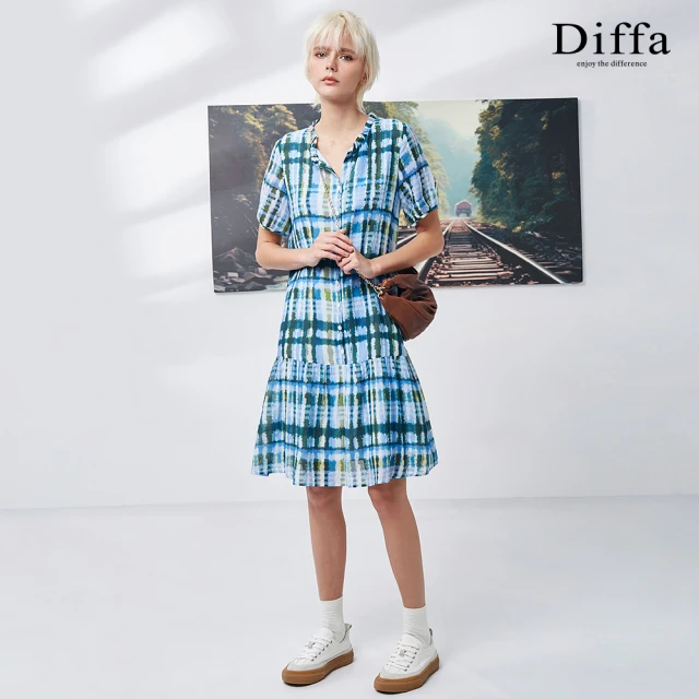 Diffa 歐風時尚藍綠格短袖連身洋裝-女