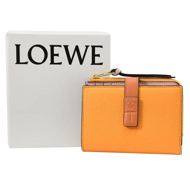 【LOEWE 羅威】經典烙印LOGO撞色小牛皮流蘇扣式零錢短夾(亮橘)