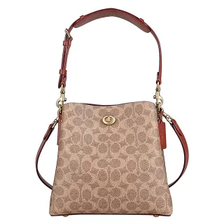【COACH】COACH WILLOW金字C旋鎖塗層帆布牛皮肩背斜背兩用水桶包(卡其x棕紅)