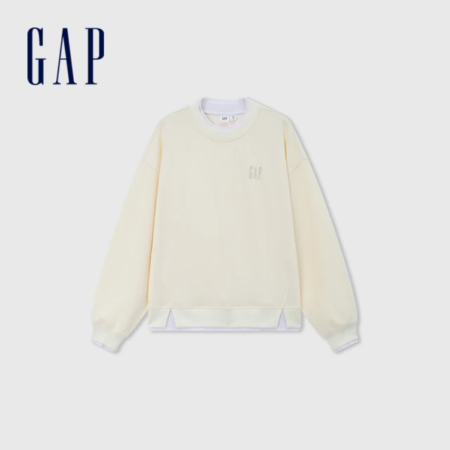 GAP 女裝 Logo刺繡假兩件圓領大學T-米白色(613550)