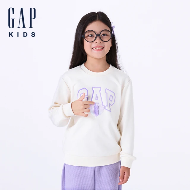 GAP 女童裝 Logo印花趣味圓領大學T 碳素軟磨法式圈織系列-象牙白(641848)