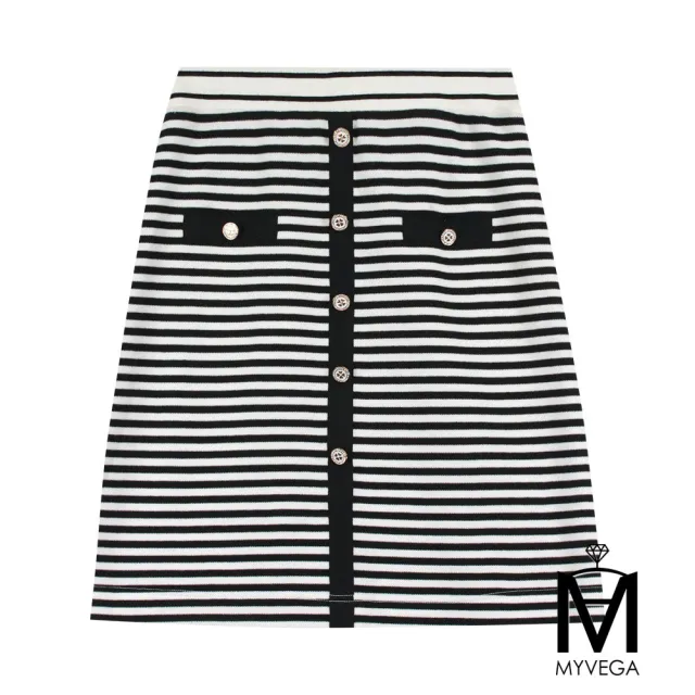 【MYVEGA 麥雪爾】MA高含棉小香風幸運草金釦條紋套裝短裙-黑(上下身分開販售)