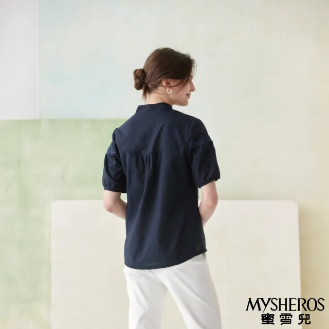 【MYSHEROS 蜜雪兒】棉麻造型上衣 蕾絲半排釦設計(丈青)