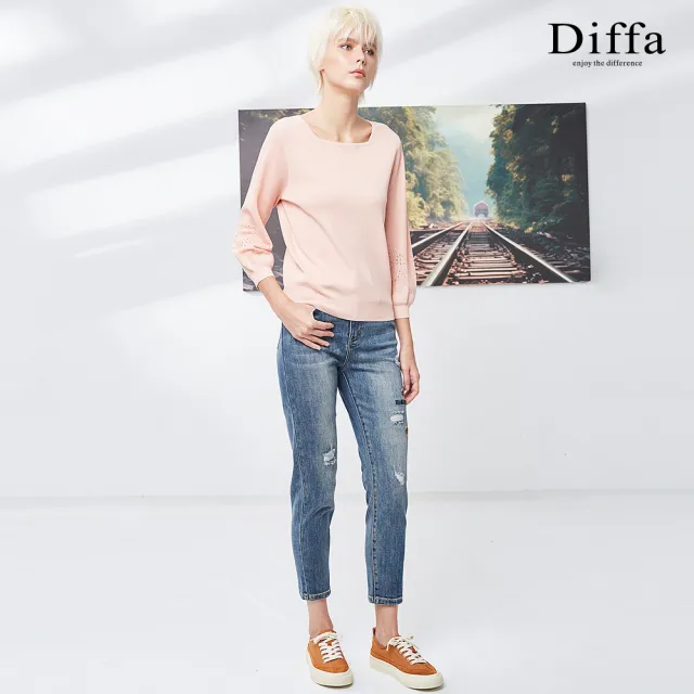 【Diffa】復古刷色愛心電繡牛仔長褲-女(丹寧)