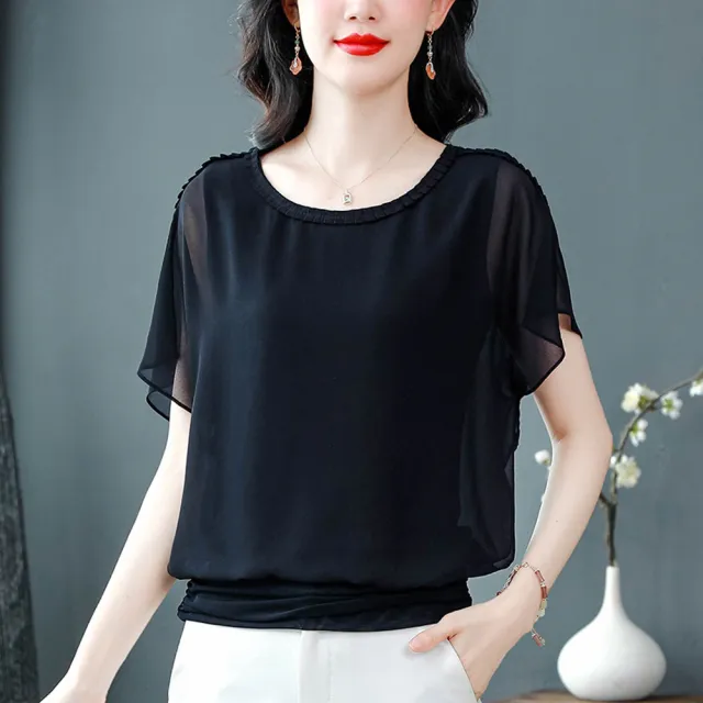 【ALLK 歐楷】新品 蝙蝠袖雪紡衫長上衣 黑色(尺寸L-XXL/中大尺碼/涼爽/透氣)