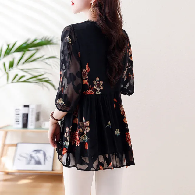 【ALLK 歐楷】新品上架 印花雪紡衫長上衣 圖片色(尺寸L-3XL/中大尺碼/涼爽/透氣)