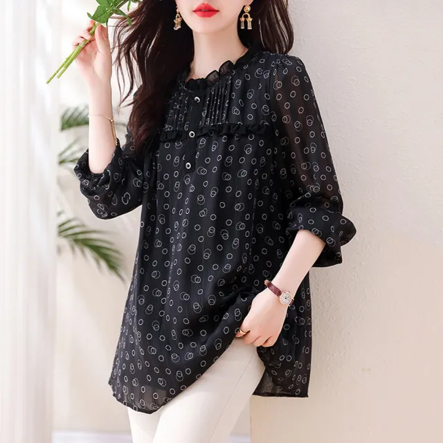 【ALLK 歐楷】新品 印花雪紡衫長上衣 黑色(尺寸L-XXL/中大尺碼/涼爽/透氣)