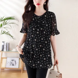 【ALLK 歐楷】新品 碎花雪紡衫長上衣 黑色(尺寸L-XXL/中大尺碼/涼爽/透氣)