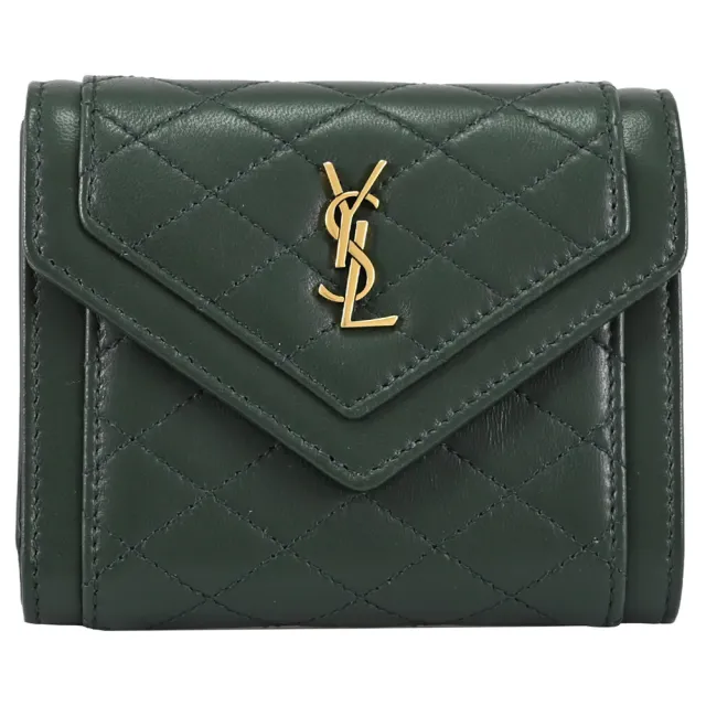 【YSL】經典字母LOGO菱格縫線小羊皮三折扣式零錢短夾(深綠)