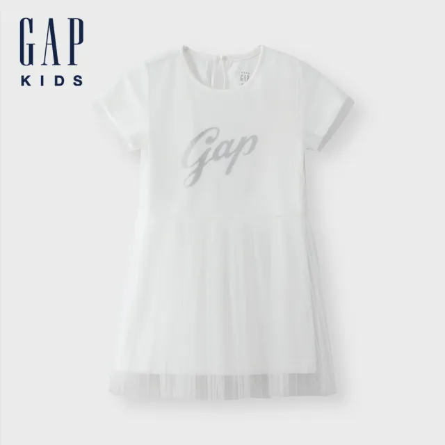 【GAP】女幼童裝 Logo圓領短袖洋裝-白色(466787)