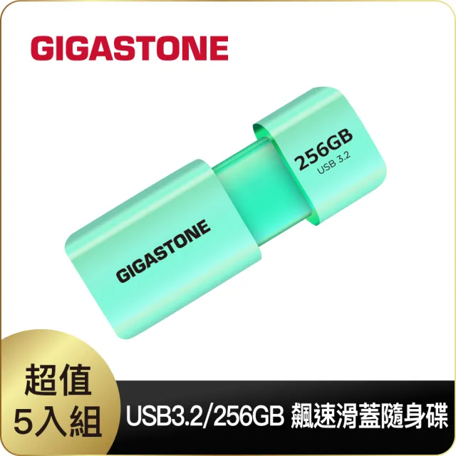 【GIGASTONE 立達】256GB USB3.1/3.2 Gen1 極簡滑蓋隨身碟 UD-3202 綠-超值5入組(256G USB3.2 高速隨身碟)