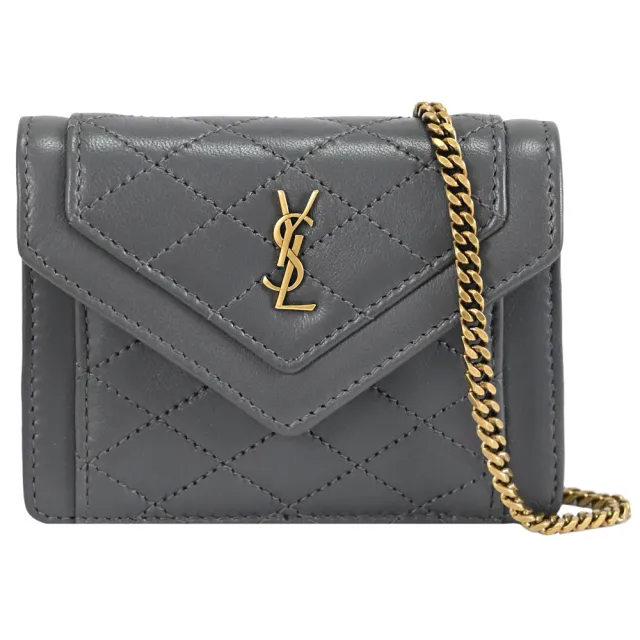 【YSL】Gaby Mini 金屬LOGO菱格縫線超迷你斜背卡片零錢包小廢包(灰)