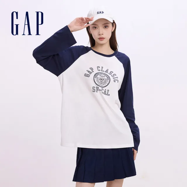 【GAP】女裝 Logo純棉印花圓領長袖T恤-白藍拼接(622781)