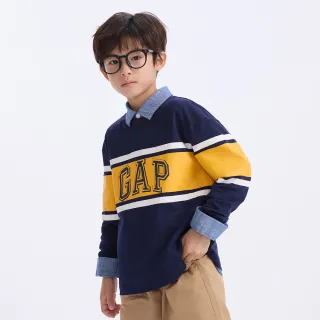 【GAP】男童裝 Logo純棉印花圓領長袖T恤-黃藍拼接(634883)