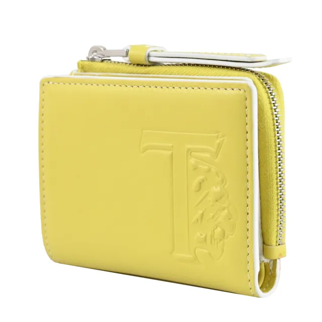 【TOD’S】TODS 簡約品牌T字LOGO烙印小牛皮對折扣式零錢短夾(檸檬黃)