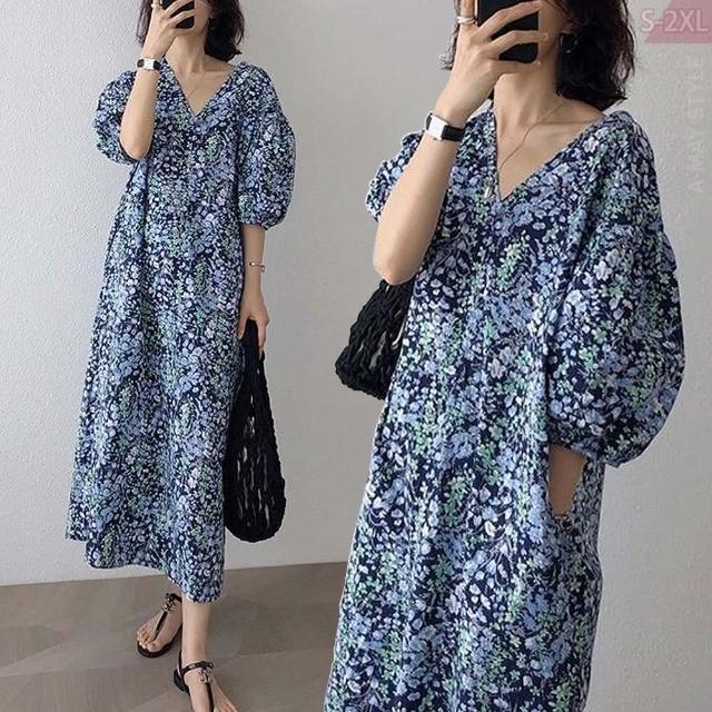 【Amay Style 艾美時尚】中大尺碼女裝 連身裙 韓系法式小碎花寬鬆燈籠袖洋裝。S-2XL(碎花.預購)
