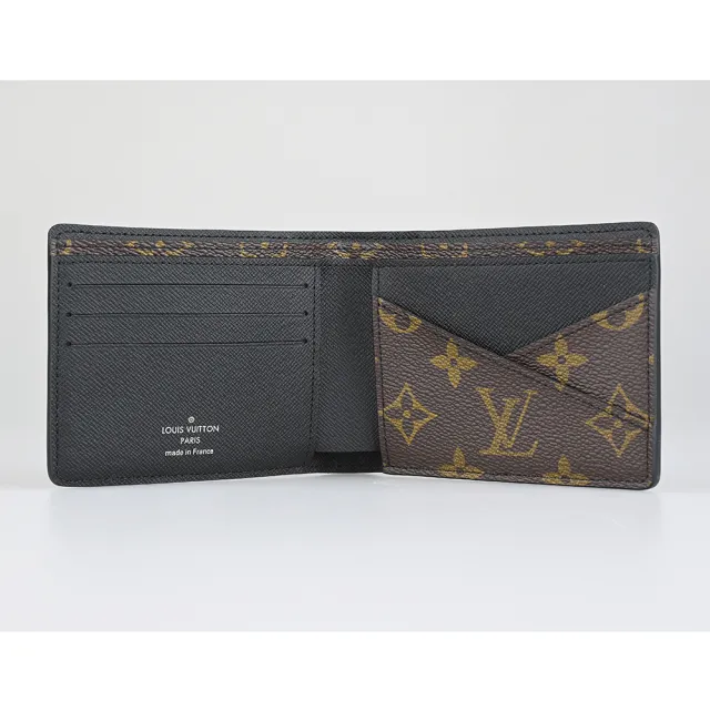 【Louis Vuitton 路易威登】LV M69408 Multiple LOGO Monogram Macassar帆布拼牛皮5卡對折短夾(咖啡x黑)