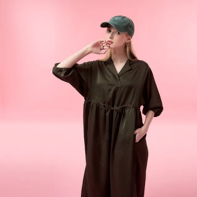 【ICHE 衣哲】Cop.Copine 法式簡約學院風抽繩造型七分袖長洋-兩色(綠)