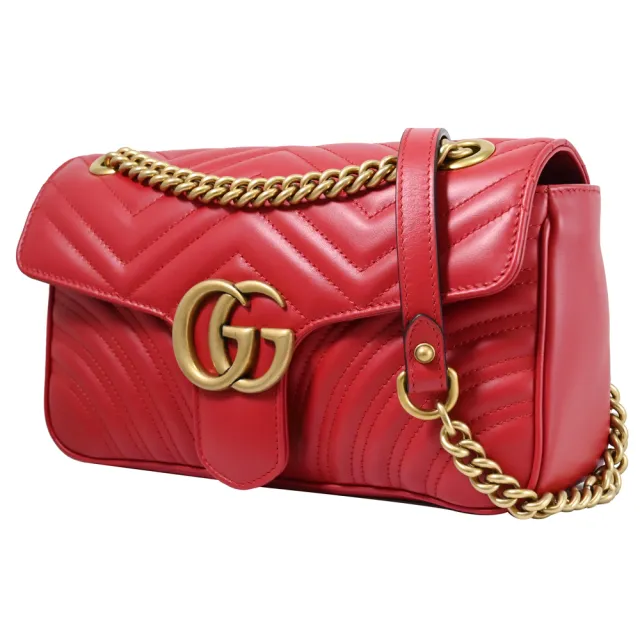 【GUCCI 古馳】經典GG Marmont 金屬LOGO翻蓋肩/斜背鍊包(紅 買就送BV隨機吊飾鑰匙圈)
