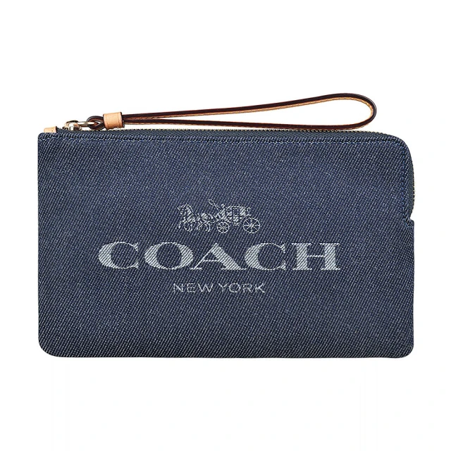 COACH COACH經典LOGO刺繡丹寧布拉鍊手拿包(大/丹寧藍)