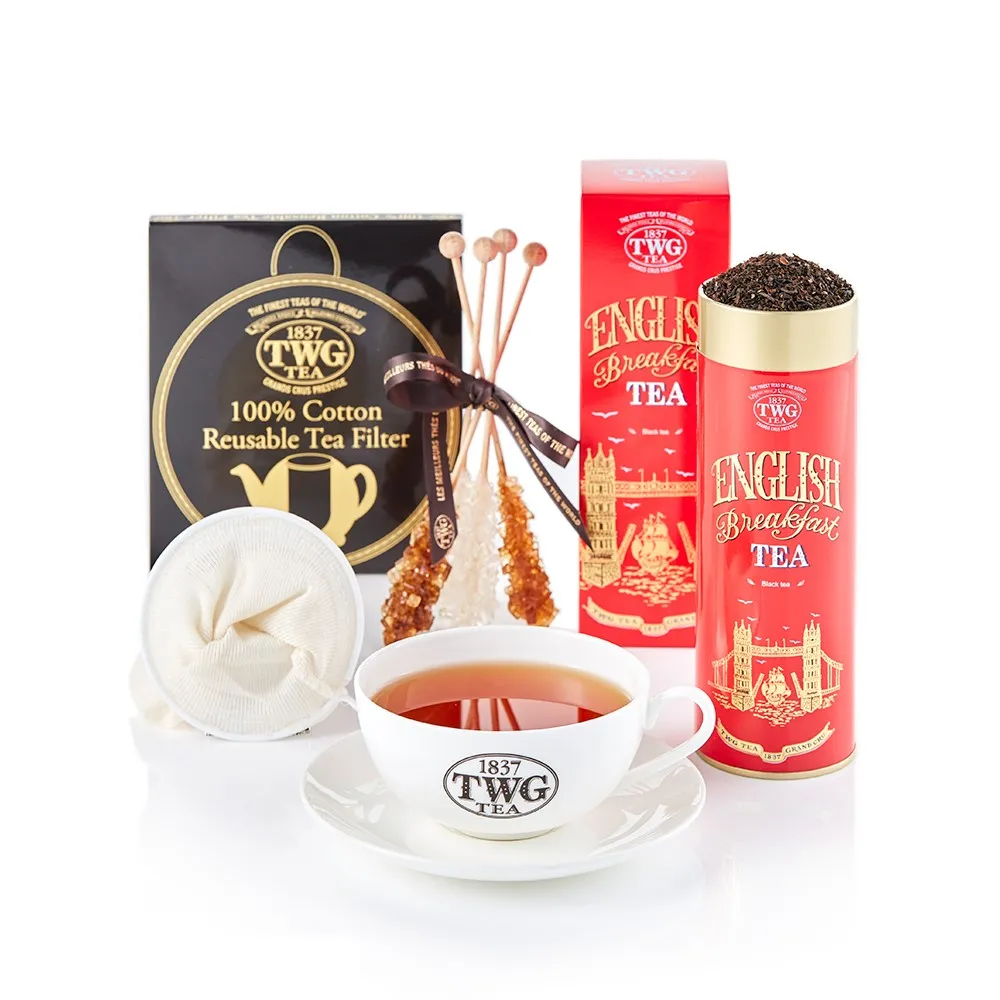 【TWG Tea】英式早餐茶茗茶禮物組(英式早餐茶/多款茗茶 100g/罐+早茶杯盤組+瀘茶網+茶糖棒)