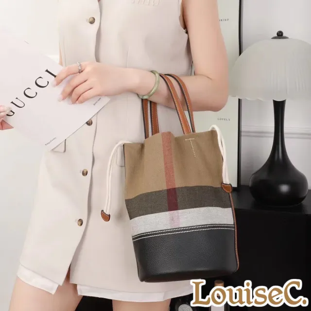 【LouiseC.】雙11 Tree House 經典格紋麻料牛皮手提斜背水桶包-大尺寸(YS5509)