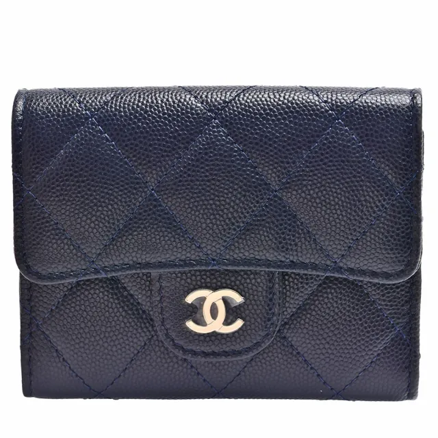 【CHANEL 香奈兒】經典雙C LOGO菱格粒紋牛皮三折萬用卡片夾(深藍色AP3155C-BLUE-GP)