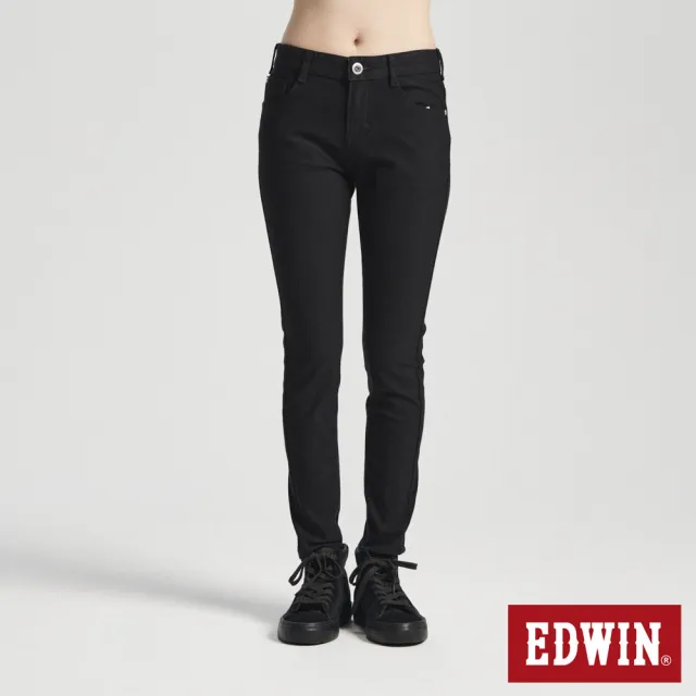 【EDWIN】女裝 冰河玉斜紋 JERSEYS 迦績 超彈力中腰窄管直筒牛仔褲(黑色)