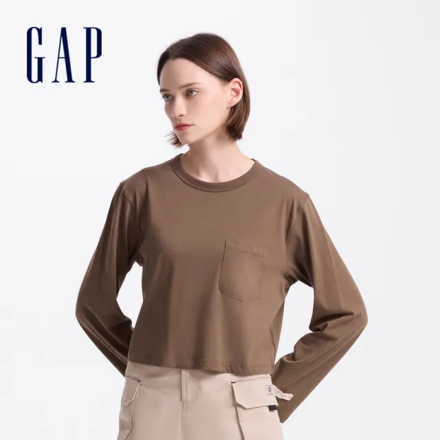 【GAP】女裝 純棉圓領長袖T恤-木棕色(639096)