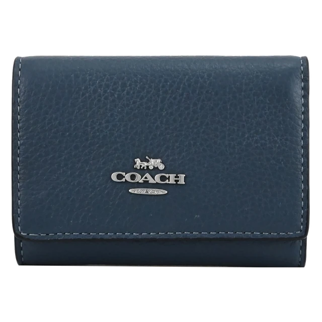 COACH 簡約金屬LOGO荔枝皮革三折零錢短夾(丹寧藍 全新原廠NG品)