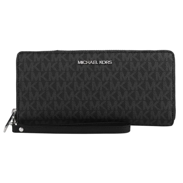 【Michael Kors】滿版防刮小MK皮革掛帶拉鍊長夾(黑灰)