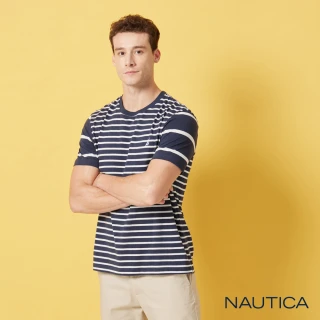 【NAUTICA】男裝 拼接條紋百搭短袖T恤(深藍色)