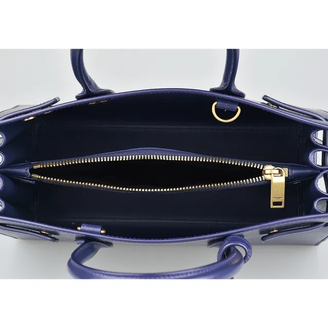 【YSL】YSL SAINT LAURENT SAC DE JOUR燙金LOGO牛皮開口式手風琴手提斜背包(炭藍)