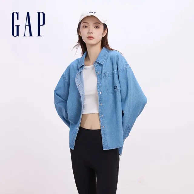 【GAP】女裝 Logo純棉刺繡翻領長袖襯衫-中度水洗(645564)