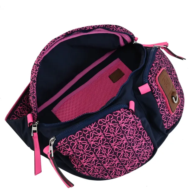 【LOEWE 羅威】經典品牌LOGO印花三用腰包胸口包後背包(桃/深藍 大)
