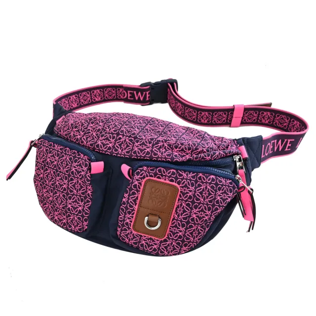 【LOEWE 羅威】經典品牌LOGO印花三用腰包胸口包後背包(桃/深藍 大)