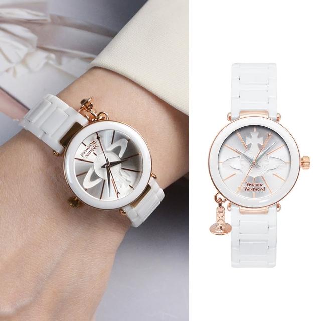 【Vivienne Westwood】典雅純白 玫瑰金框 經典LOGO錶盤 陶瓷錶帶 小裝飾設計 女錶 32mm 母親節(VV067RSWH)
