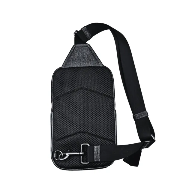 【COACH】碳黑C Logo黑邊真皮直式方型單肩胸背斜後背男包