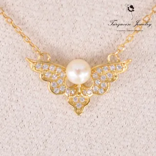 【Turquoise Jewelry】小奢華Vintage風天使之翼立體天然淡水珍珠S925銀鍍金鎖骨項鍊(tqsu0004)