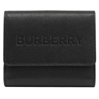 【BURBERRY 巴寶莉】經典品牌烙印LOGO小牛皮雙面扣式零錢短夾(黑)