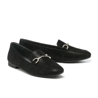 【AS 集團】別致時尚晶鑽馬銜釦布紋全真皮樂福低跟鞋(黑)