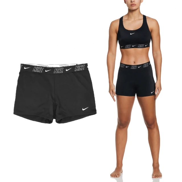 NIKE 耐吉 緊身褲 Logo Tape Shorts 女款 黑 白 中腰 緊身 水上運動 短褲(NESSD187-001)